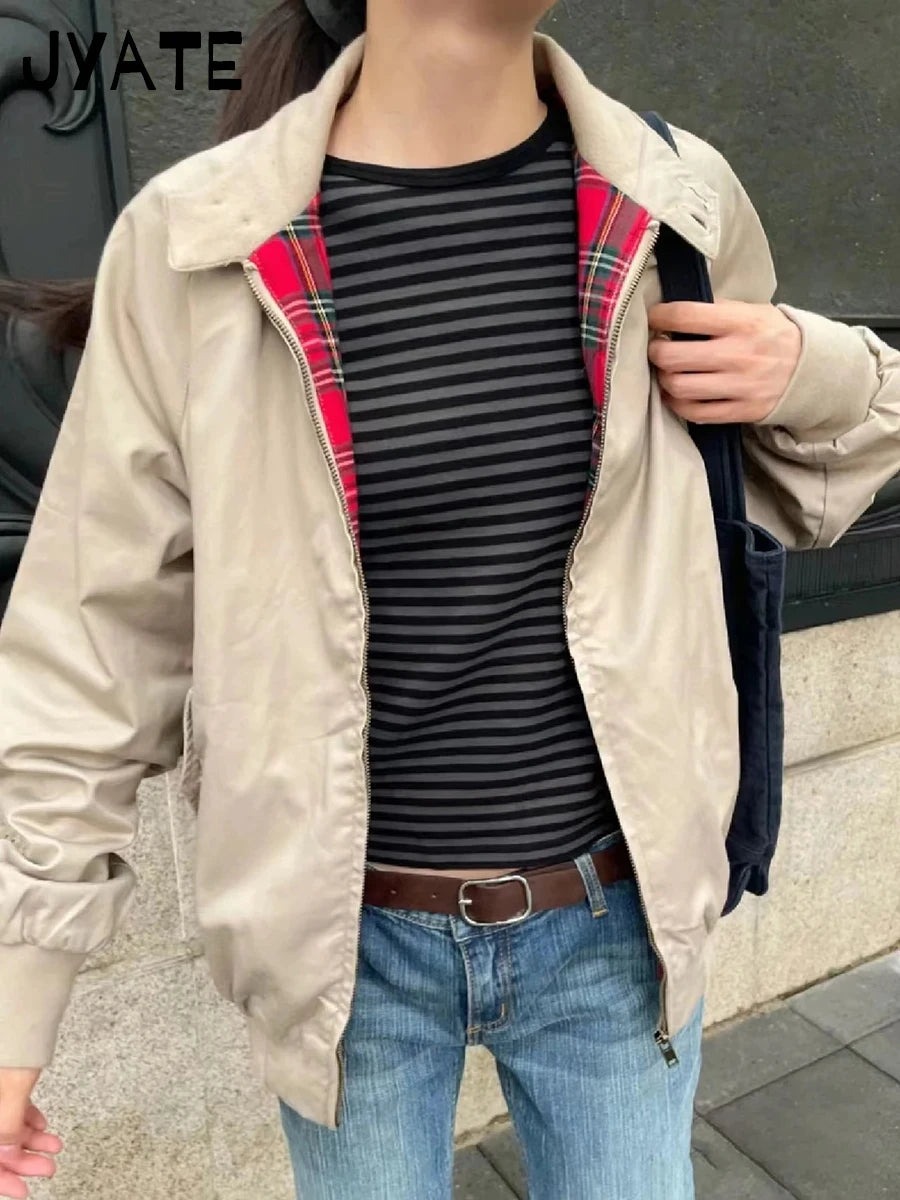 Harajuku Internal Red Plaid Zipper Flight Jacket Women Autumn Cotton Thick Stand Collar Loose Jackets Chic Vintage Y2K Coat Tops