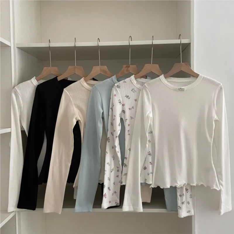 Sweet Lace Trim Long Sleeve Tee Women Summer New Streetwear Casual O-neck Bow Tshirt Tops Vintage Cute Preppy Style T-shirts Y2K