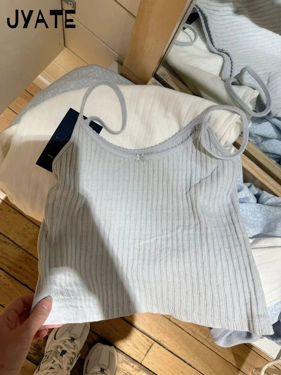 Fashion Blue Bow Texture Cotton Tank Tops Women Casual Cotton Lace Trim Summer Slim Cropped Vest Sweet Cute Vintage Camisole Y2K