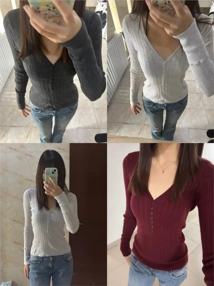 V-neck Knit Buttons T-shirts Women Spring Casual Streetwear Cotton Slim Long Sleeve Tees Sweet Cute Preppy Style T Shirt Y2K