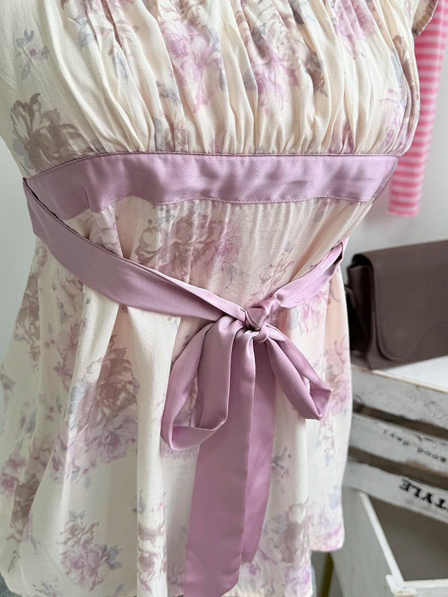 Purple Floral Top Women Casual Slim Lace-up Square Collar Babydoll Sleeveless Tee Tops Sweet Vintage Preppy Style T-shirts Y2K