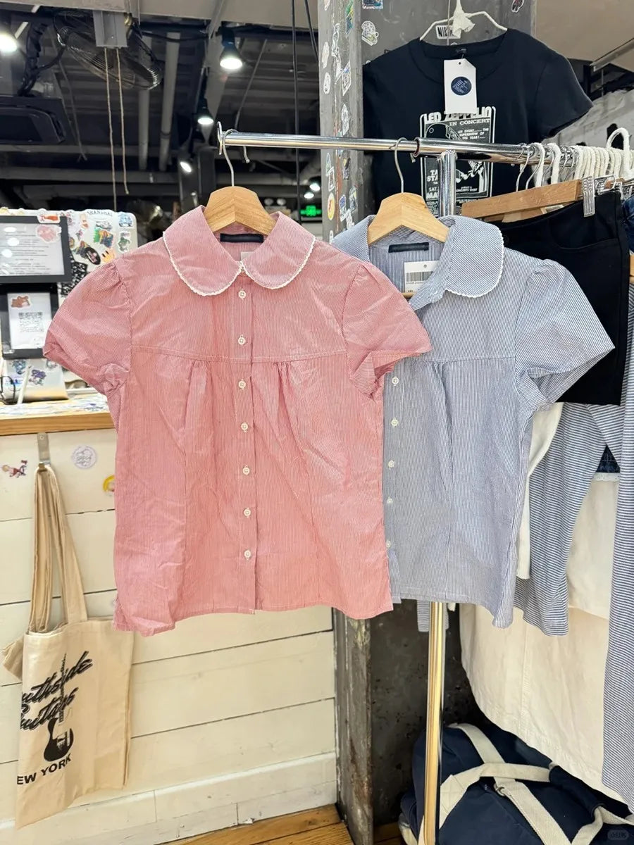 Blue Striped Peter pan Collar Blouse Women Casual Preppy Style Buttons Short Sleeve Tee Sweet Vintage Cute T-shirts Y2K Tops New