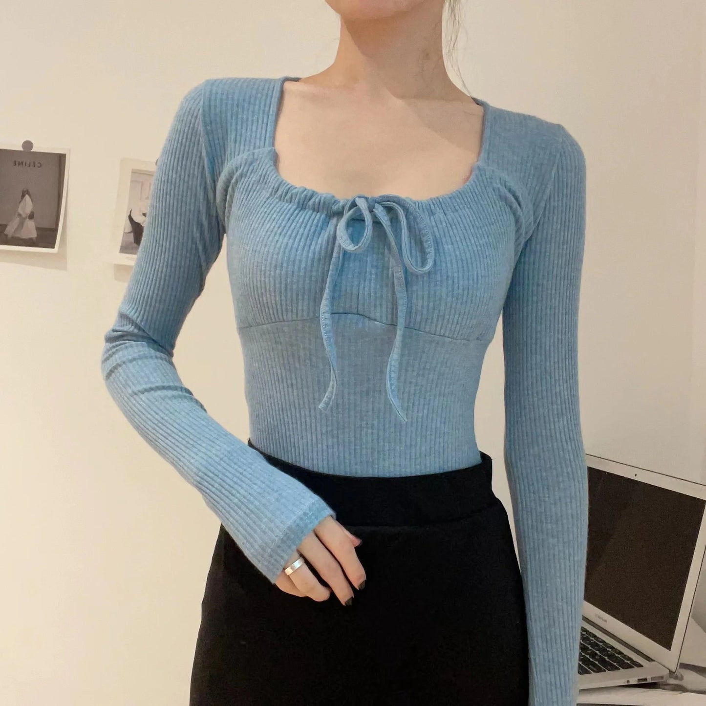 Sweet Lace-up Long Sleeve Tees Women New Casual Slim Solid Scoop Neck Streetwear Top shirt Vintage Preppy Style Cute T-shirt Y2K