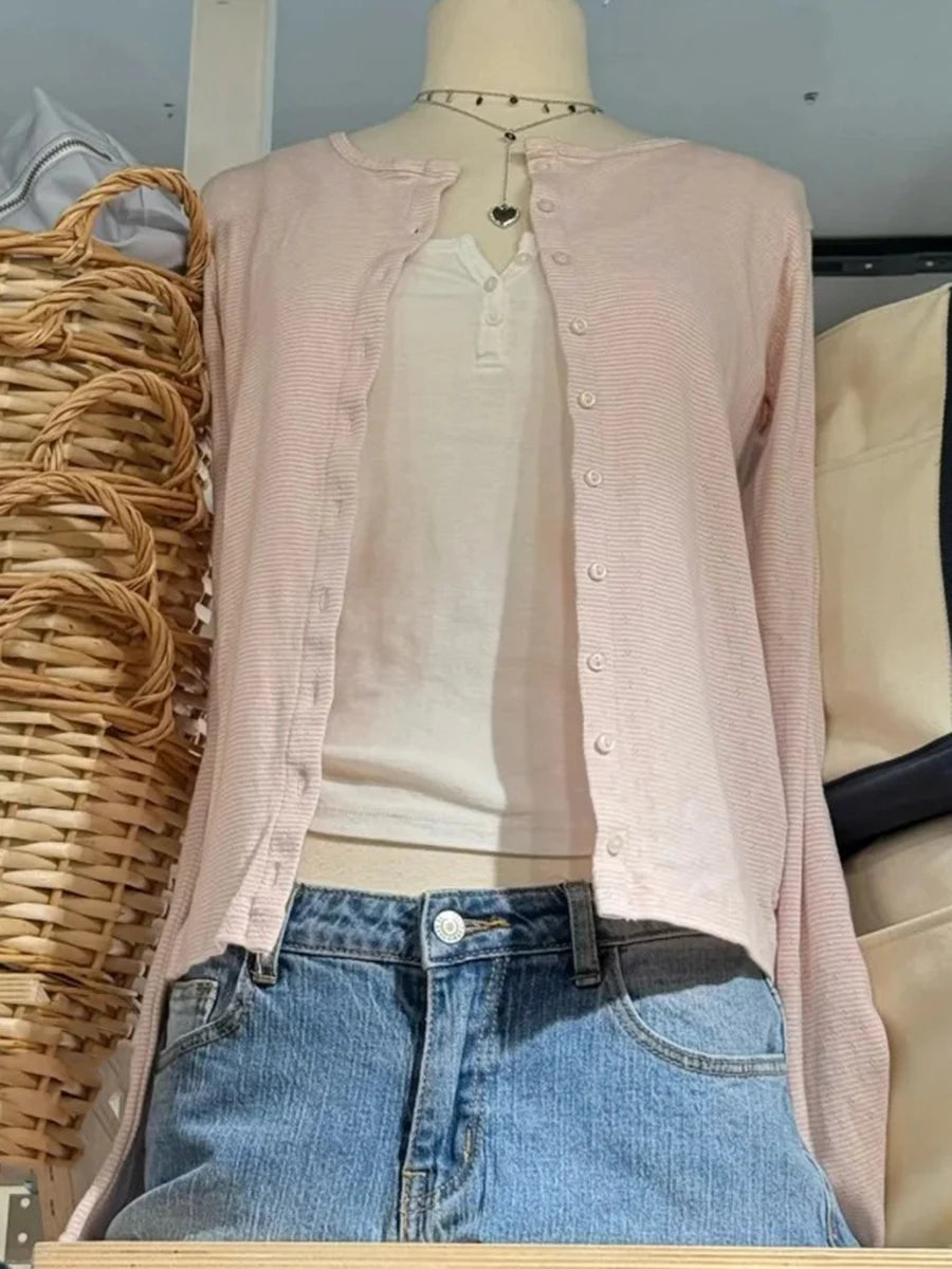 Pink Eyelet Slim Long Sleeve T-shirts Women Preppy Style O-neck Single Breasted Cotton Tee Shirts Sweet Cute Vintage Tops