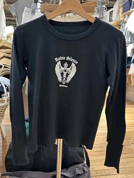 Wings Graphic Print Long Sleeve Tees Women Harajuku Casual Slim O-neck Cotton Soft Tops Clothes Vintage Chic Black Y2K T-shirts