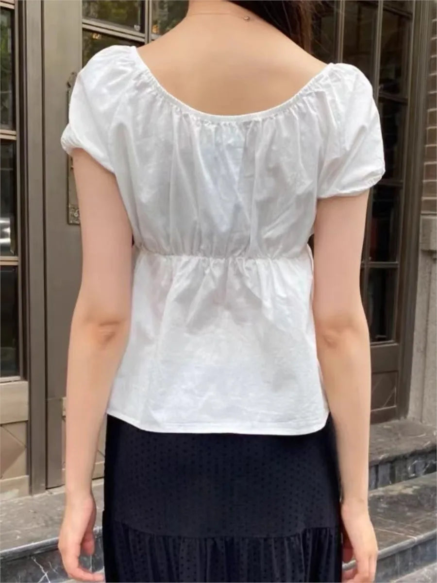 Lace-up Strap White Short Sleeve Tees Women Summer Casual Simple Sexy White Crew Neck Tops Sweet Cute Preppy Style T-shirts Y2K
