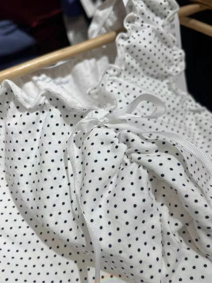 Sweet Polka Dot White Tank Top Woman Summer Folds Bow V-neck Cotton Slim Camisole Cute Vintage All-match Crop Top Y2K Vest New