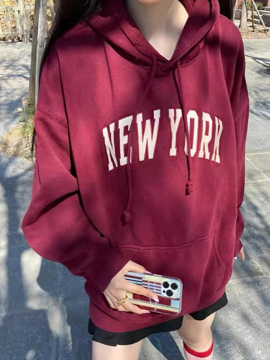 Chic Letter Embroidery Loose Hoodie Women Cotton Casual Streetwear Pocket Drawstring Pullover Top Vintage Sweet Y2K Sweatshirts