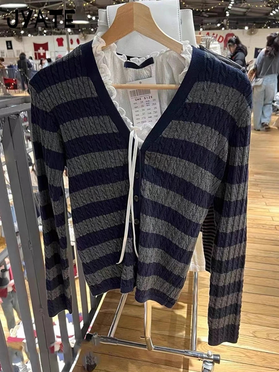 Red Black Striped Twist O-neck Knitted Sweaters Cardigan Women Cotton Casual Street Jumper Coat Harajuku Vintage Chic Cardigant