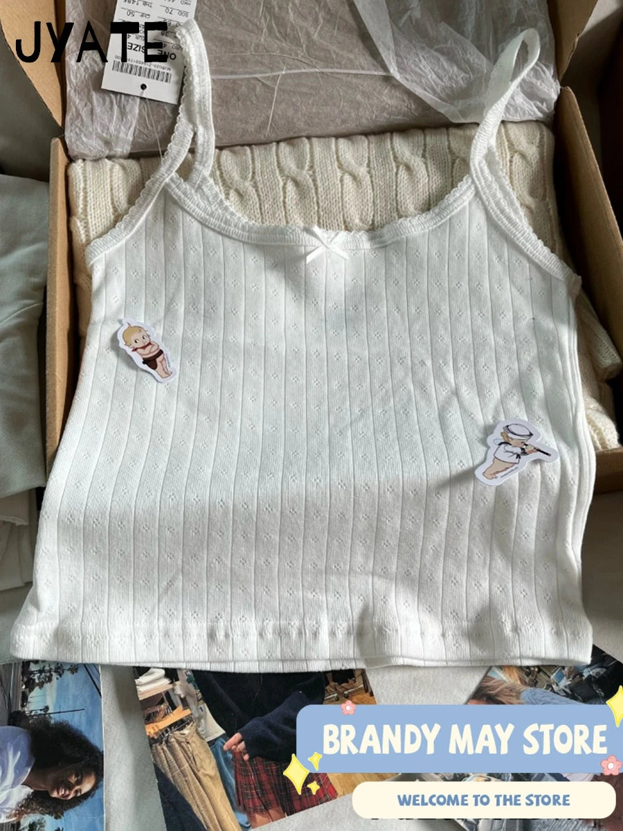 Basic White Eyelet Bow Tank Tops Women Summer New Cotton Soft Casual Slim Sleeveless Cropped Vest Sweet Chic Cute Cozy Camis Y2K