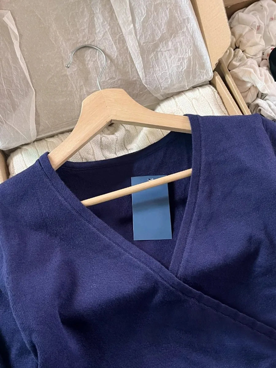 New Navy Lace-up Knitted Long Sleeve T-shirt Cardigan Women Autumn V-neck Casual Smock Wrap Tees American Vintage Crop Tops Y2K