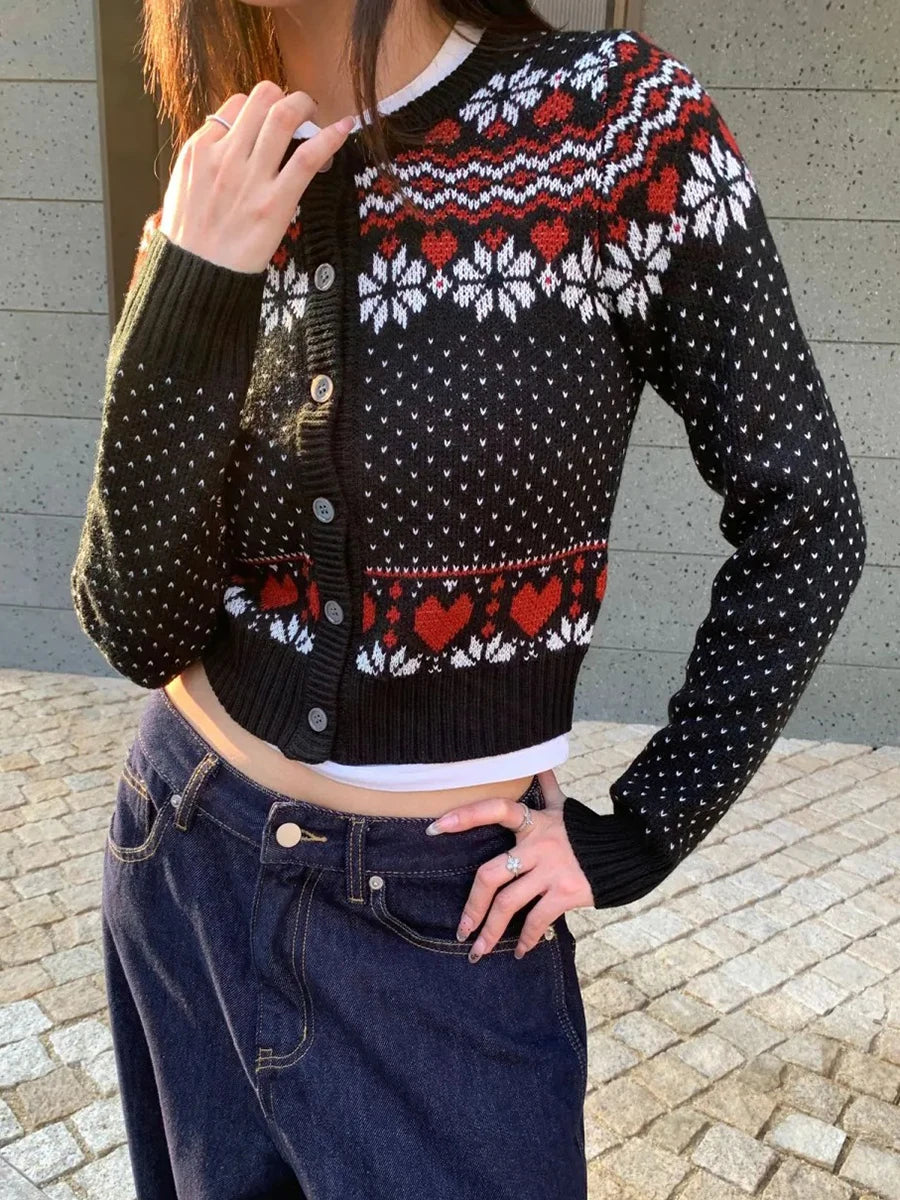 Vintage Fair Isle Jacquard Knitted Cardigan Women Autumn Buttons Long Sleeve Cropped Jumper Coat Sweet Basic Slim Sweaters Tops