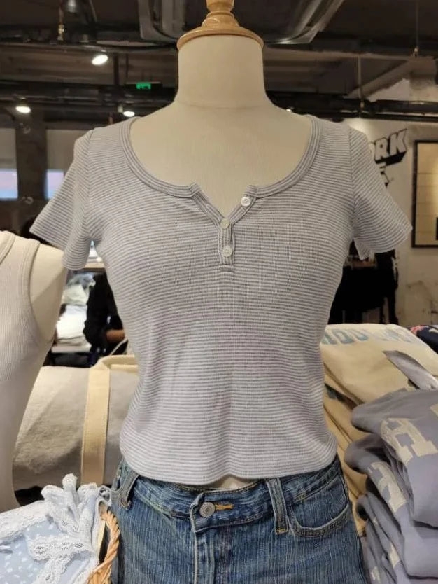 Pink Striped Slim Buttons T-shirts Women New Cotton O-neck Casual Simple Basic Short Sleeve Tees Sweet Cute Girls Tshirt Y2K Top