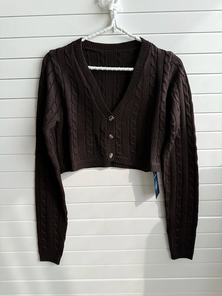 White Cable Knit Cropped Cardigan Women Sexy Chic V-neck Slim Long Sleeve Sweaters Vintage Preppy Style Knitwear Y2K