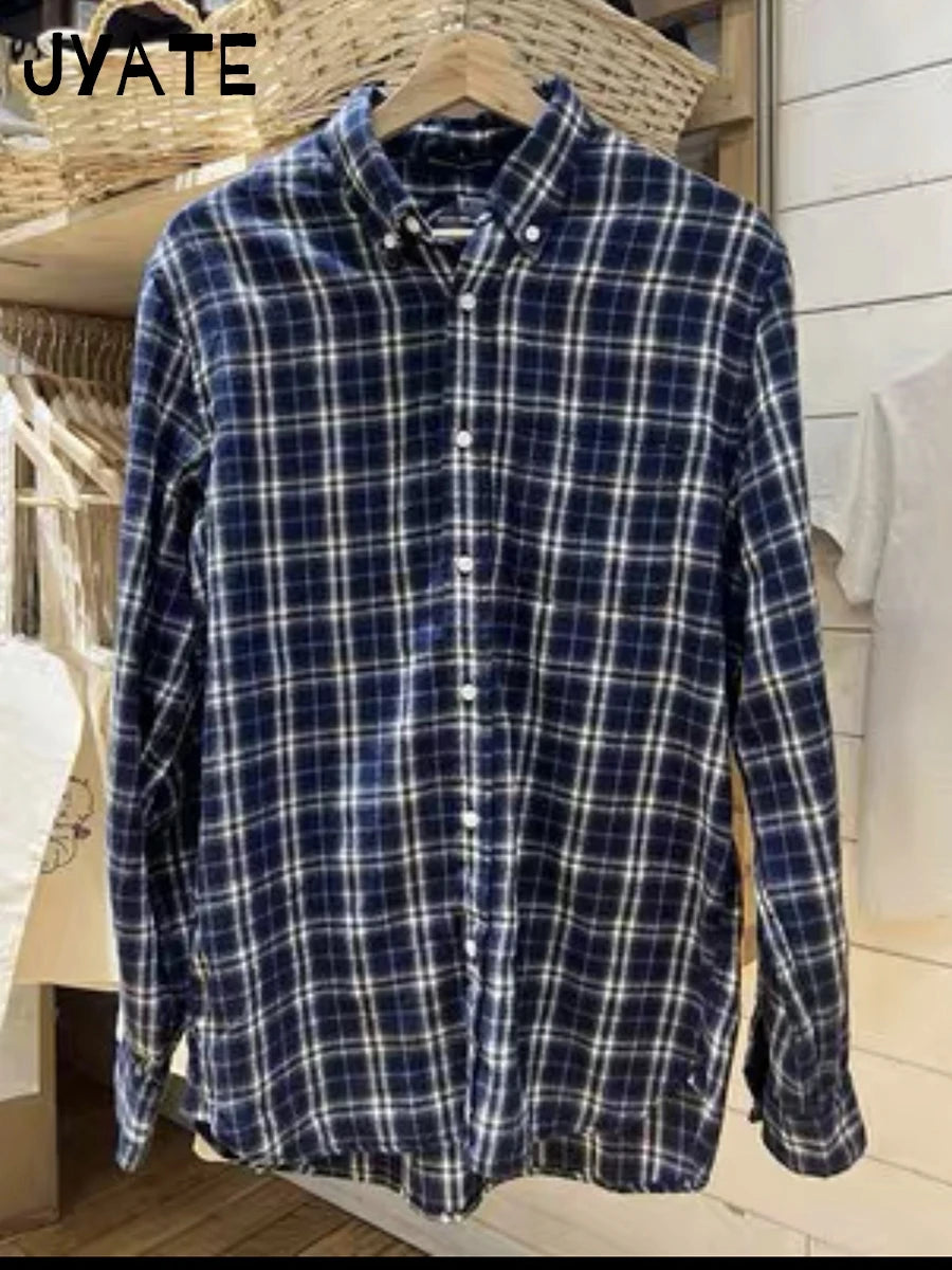Navy Plaid Long Sleeve Tees Blouse Women New Loose Casual Single-breasted Lapel Tops American Vintage Chic Simple T-shirts Y2K