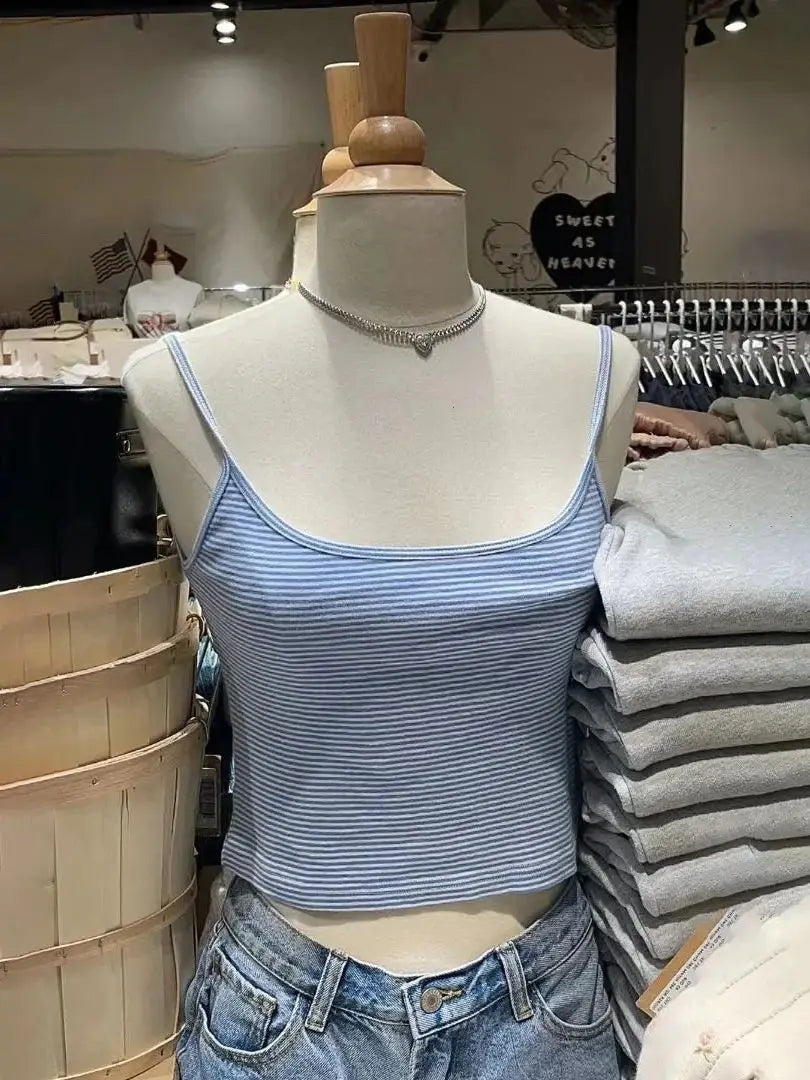 Striped Blue Home 2 Piece Sets Women Cotton Sleeveless Crop Top+Elastic Waist Straight Short Pant Vintage Tank Shorts Pajama Set