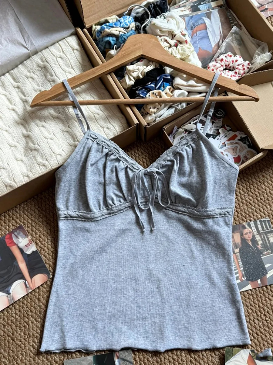 Solid Lace-up V-neck Tank Tops Women Summer Casual Lace Trim Cotton Slim Sleeveless Vests Cute Sweet Preppy Style Camisole Y2K