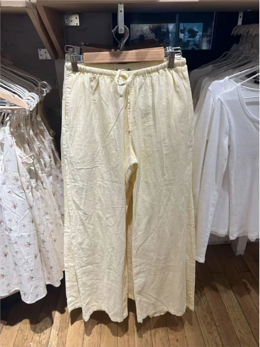 Yellow Drawstring Straight Sweatpants Women Linen and Cotton Casual High Waist Sport Long Pants Sweet Cute Preppy Style Trousers