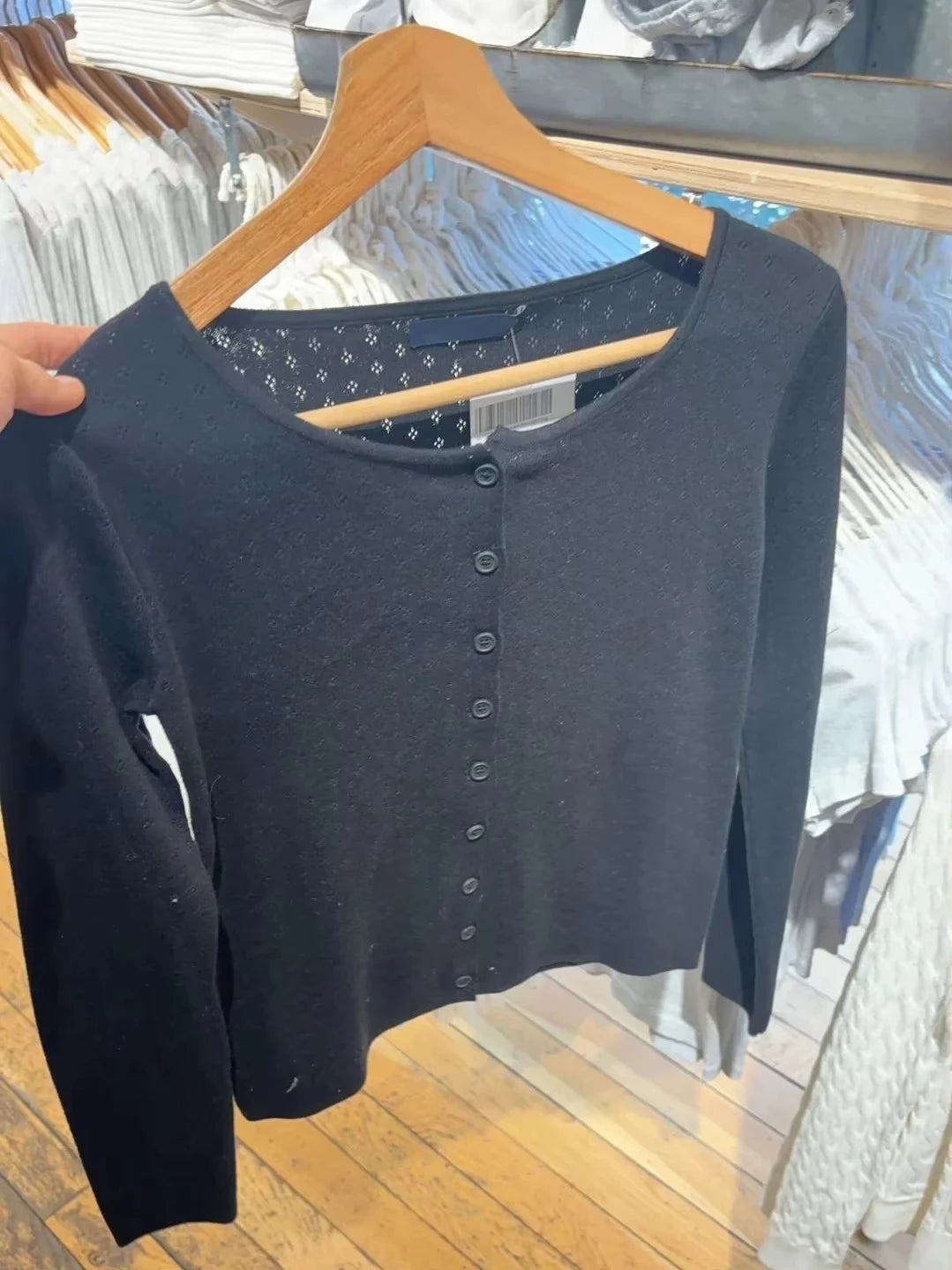 Eyelet Knitted Cardigan Women Autumn Casual Streetwear Black Long Sleeve Sweater Coat Simple Basic Preppy Style Sweaters Tops