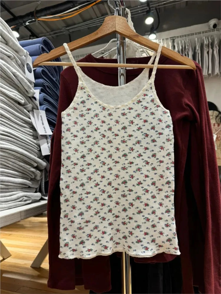 Pink Floral Eyelet Slim Tank Top Women Spring Lace Trim Sleeveless Cotton Crop Tops Casual Sweet Cute Preppy Style Y2K Camis New