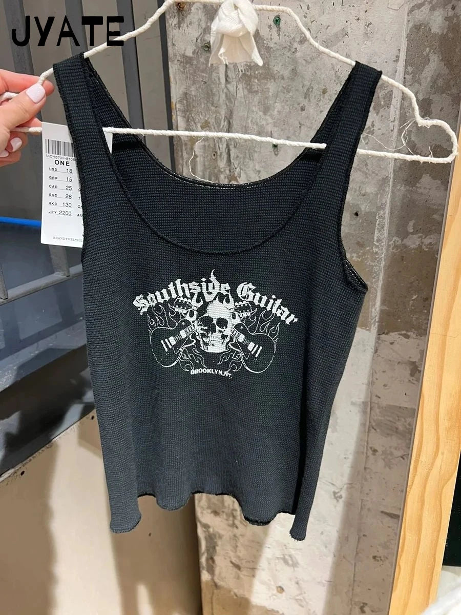Fashion Skull Graphic Print Waffle Tank Tops Women New Casual Preppy Style Slim Sleeveless Vests Harajuku Vintage Chic Camis Y2K