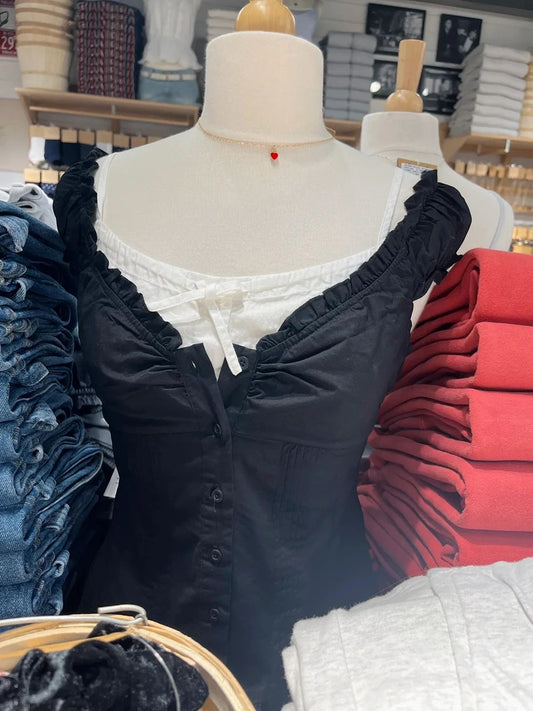Black Folds Blouse Top Women Casual Single Breasted Ruffle Sleeveless Tank Tops Vest Harajuku Cool Preppy Style Camisole Y2K