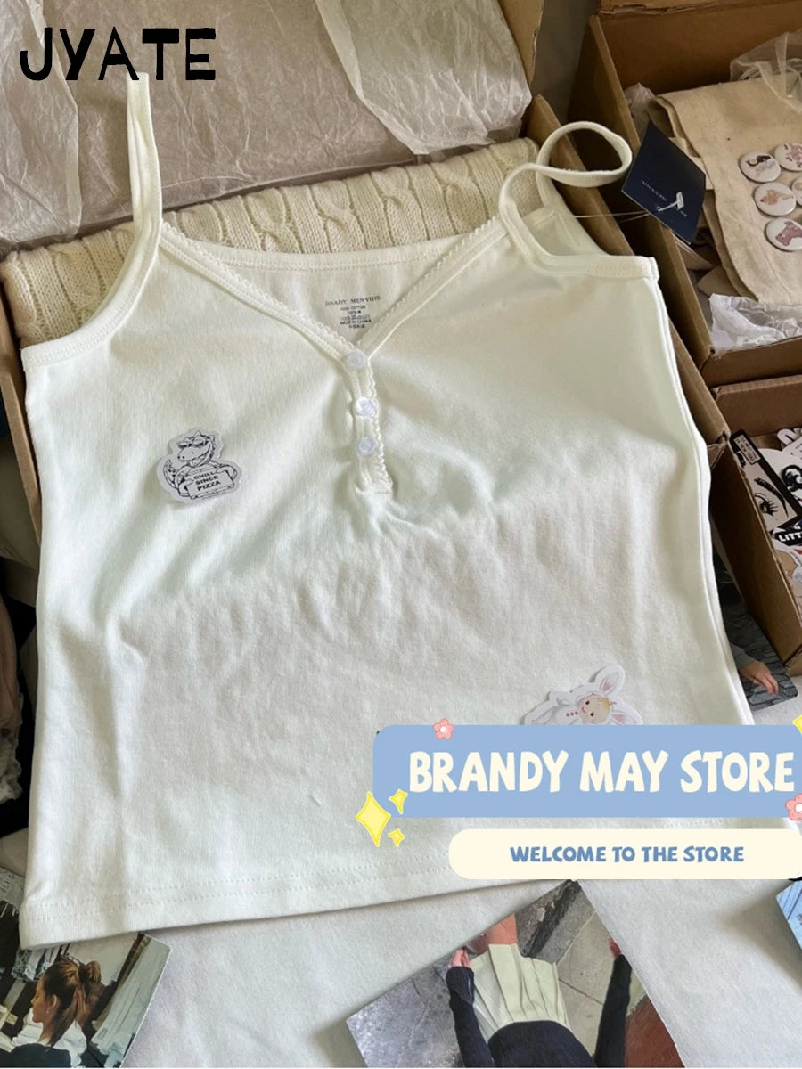Basic White Lace Trim V-neck Tank Tops Women Summer New Cotton Casual Buttons Sleeveless Vests Vintage Chic Sweet Camisole Y2K