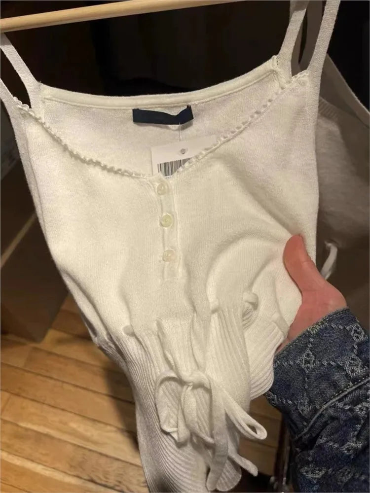 White Lace Trim Drawstring Knitted Tank Tops Women New Slim Cotton Buttons High Waist V-neck Camis Simple Sweet Cute Vests Y2K