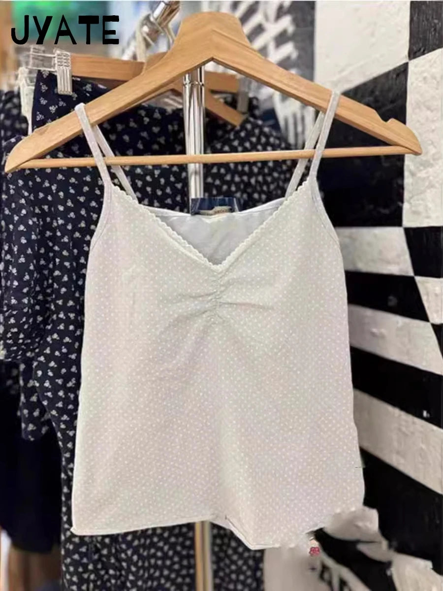 Blue Polka Dots Print Folds Camisole Women New Cotton Simple Casual Lace Trim Sleeveless Vests Sweet Cute Vintage Tank Tops Y2K