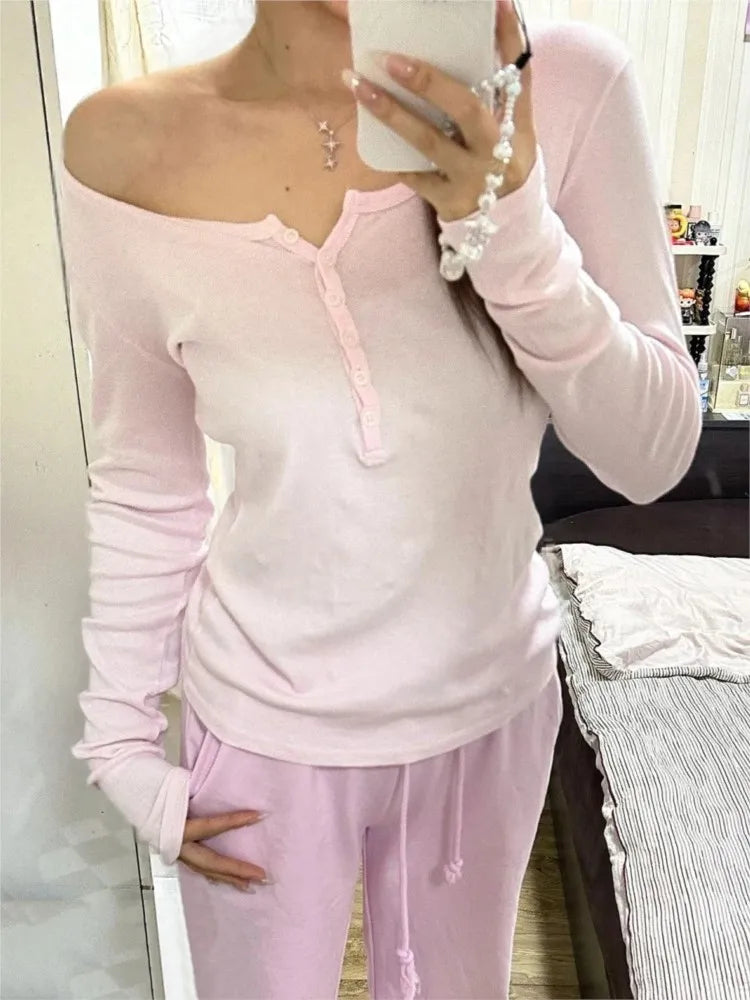 Pink Six Buttons Thin Long Sleeve T-shirts Women Spring Round Neck Cotton Slim Tee Top Female Cute Sweet Tshirt Y2k Tops New