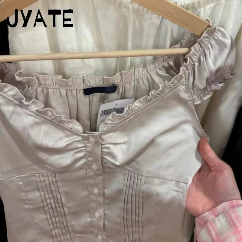 Elegant Pink Ruffle Satin Slim T-Shirt Blouse Women Summer Sexy V Neck Cotton Puff Sleeve Tees Sweet Girls Buttons Crop Top Y2K