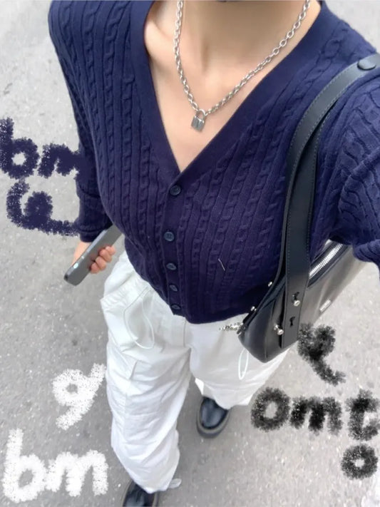 Vintage Navy Twisted Flower Knit Cardigan Women Autumn Casual V-neck Single-breasted Slim Crop Tops Preppy Style Chic Sweaters