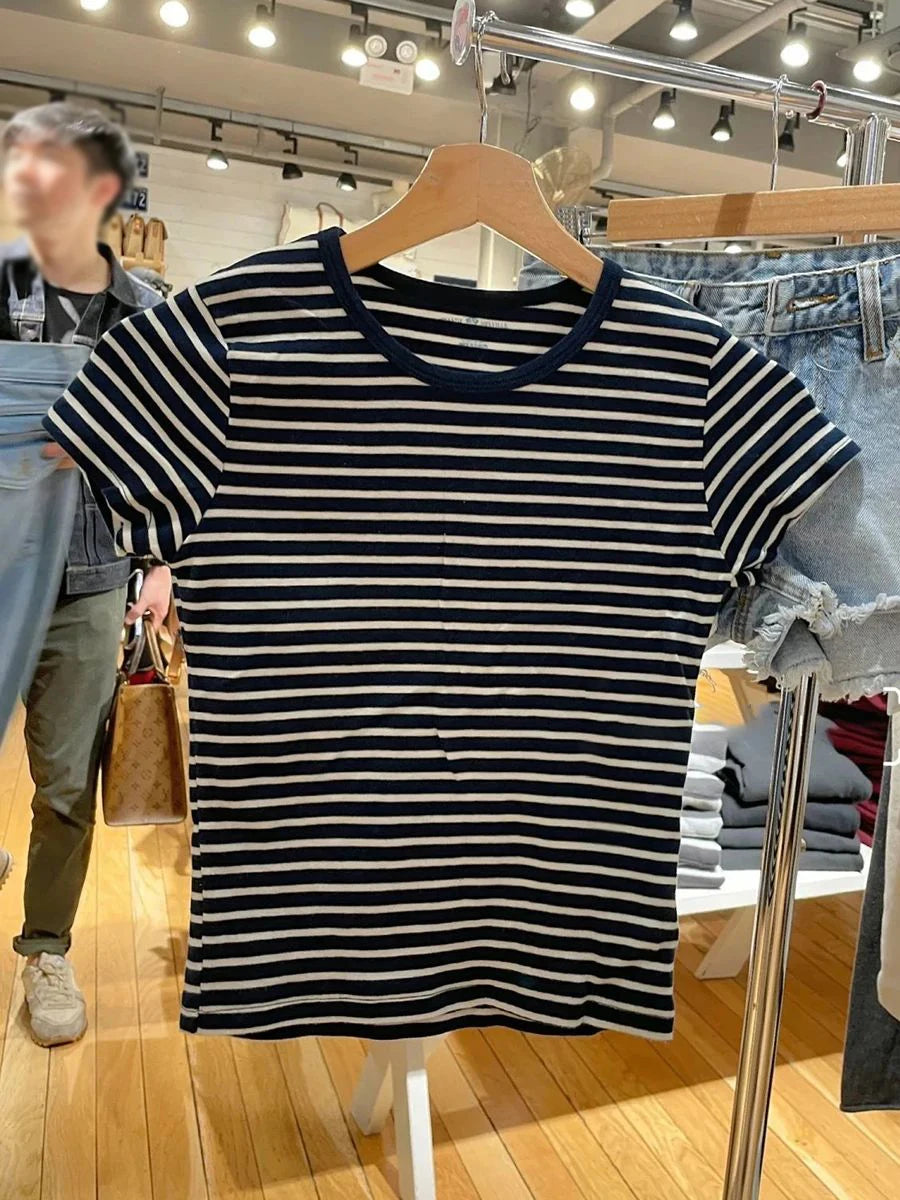 Rose Striped Slim T-shirt Women Casual Chic O-Neck Cotton Short Sleeve Tee Shirts Female Sweet Cute Preppy Style Y2K Tshirts New