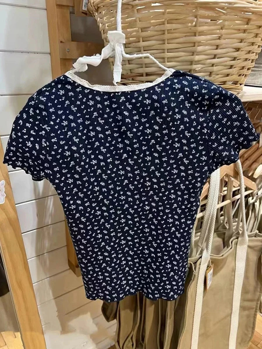 Vintage Floral Print Blue Lace Trim T-shirts Women Summer Waffle Casual Short Sleeve Tee Female Cute Sweet Chic Tops Y2K Clothes