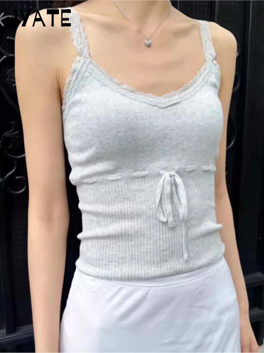 Lace Trim V-neck Knitted Camisole Women Summer Cotton Soft Casual Waist Lace-up Sleeveless Vests Vintage Gray Sweet Tank Top Y2K