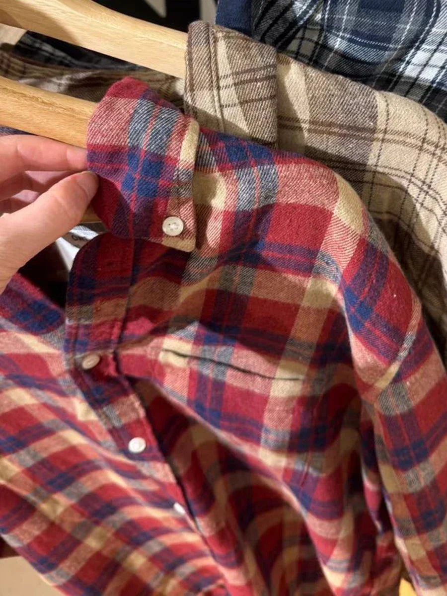 Chic Red Plaid Pocket Cotton Shirts Autumn Turn Down Collar Single-Breasted Cozy Loose Blouse Vintage Streetwear Oversized Tee