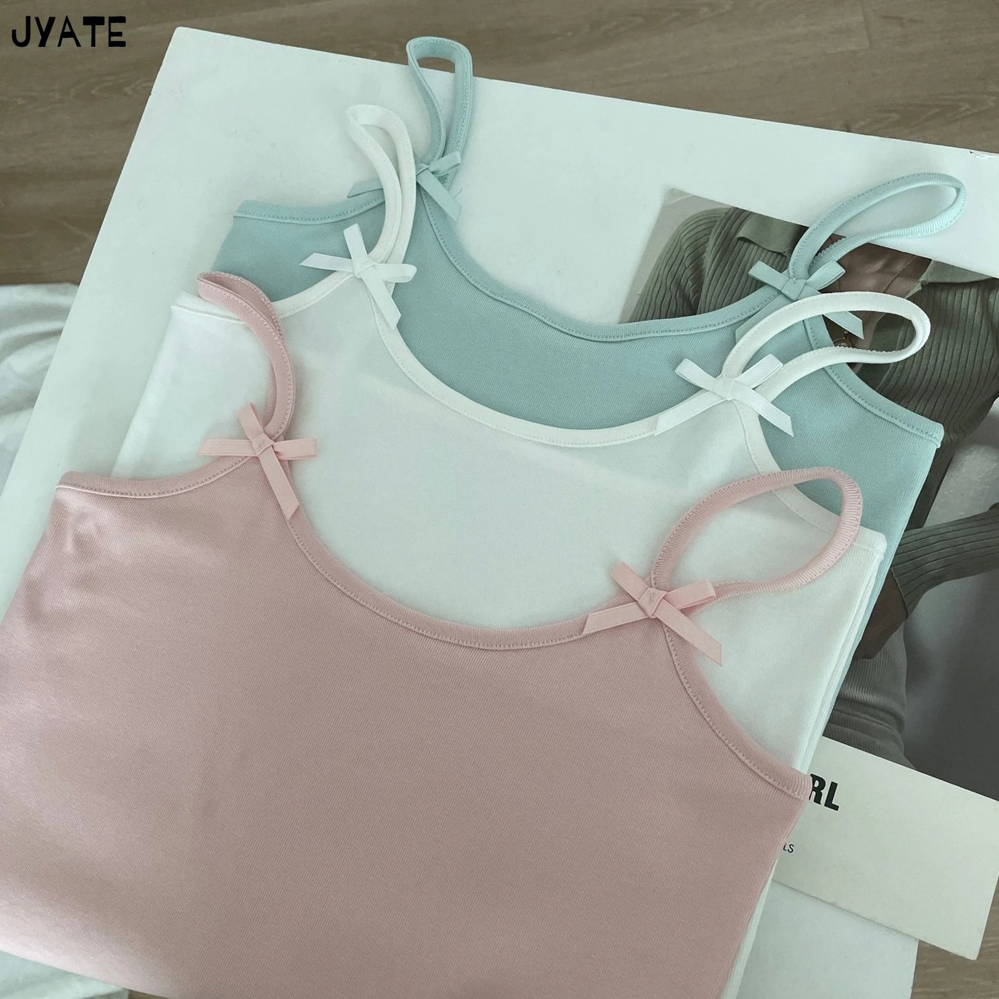 Simple Solid Bow U-neck Tank Tops Women Summer New Cotton Soft Slim Preppy Style Cropped Vests Vintage Basic Sweet Camisole Y2K