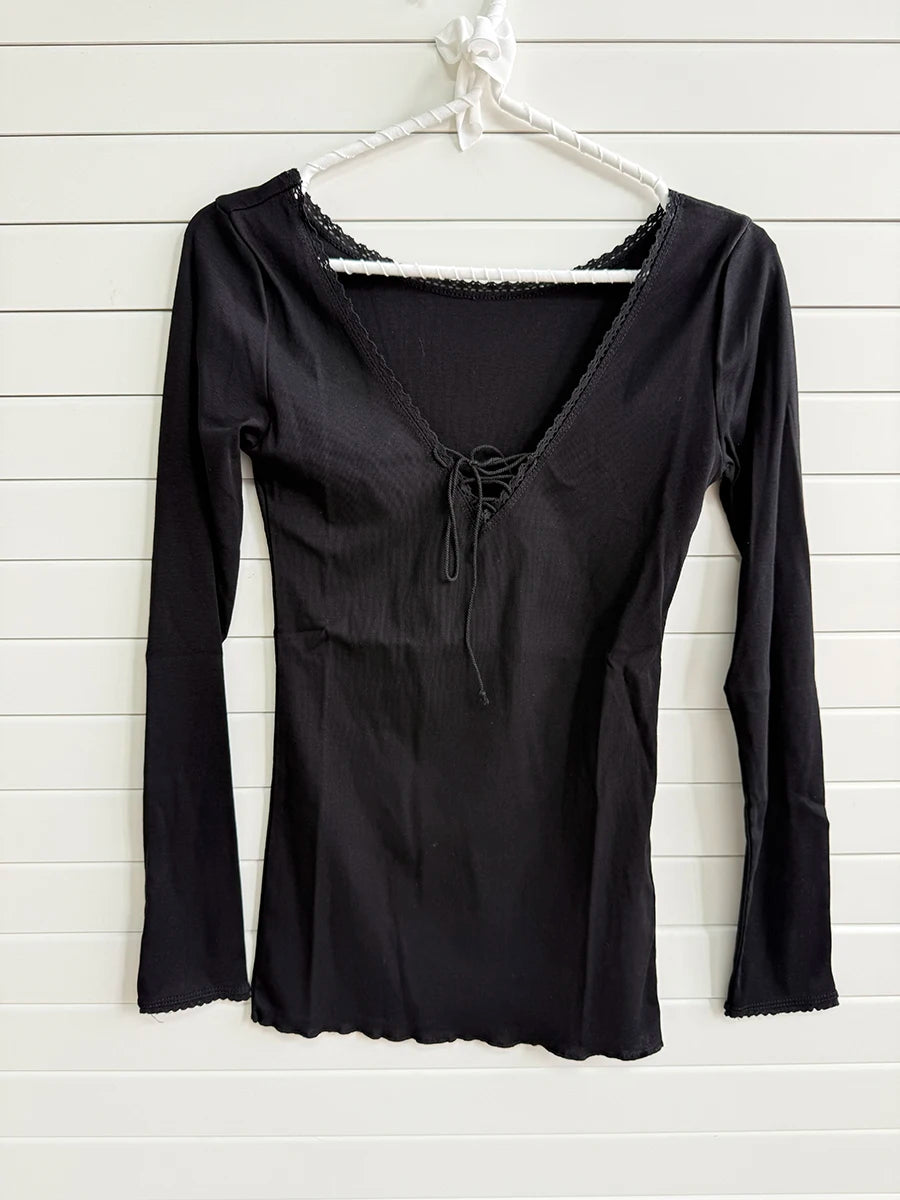 Sweet Lace Trim Long Sleeve Tees Women Casual Simple V-neck Lace-up Cotton Slim Tshirts Female Cute Preppy Style Chic T-shirts