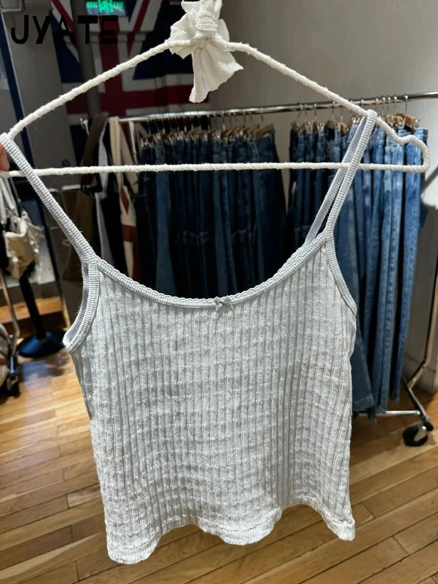 Fashion Blue Bow Texture Cotton Tank Tops Women Casual Cotton Lace Trim Summer Slim Cropped Vest Sweet Cute Vintage Camisole Y2K
