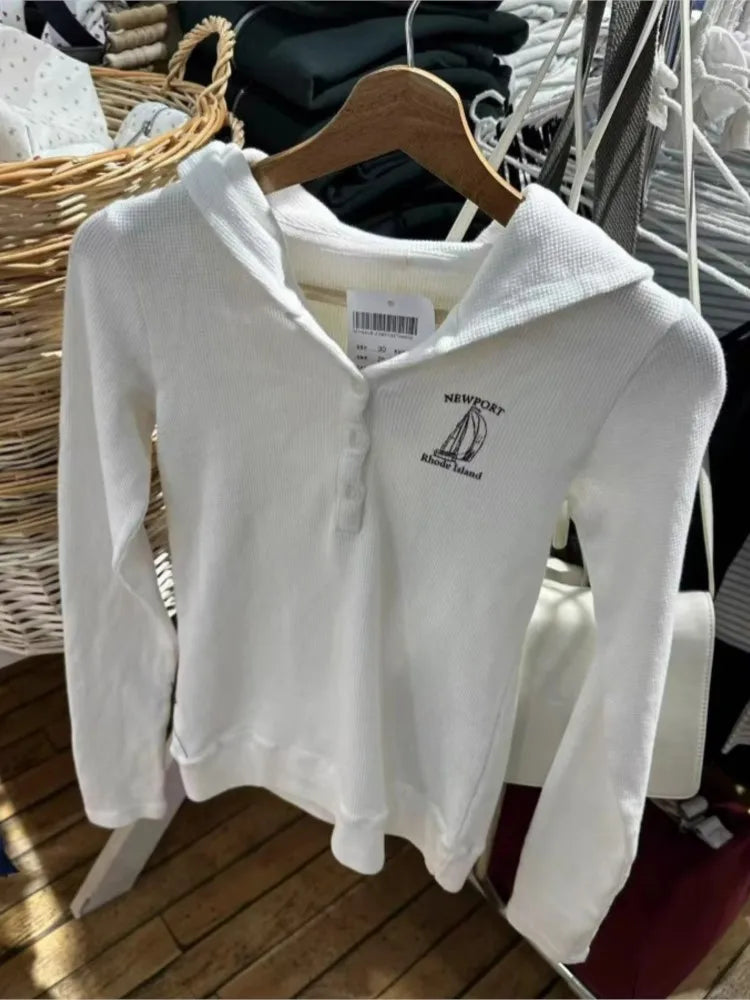White Buttons Long Sleeve T-Shirts Women Waffle Casual Streetwear O-Neck Loose Hoodies Tops Vintage Sweet Preppy Style Tees Y2K