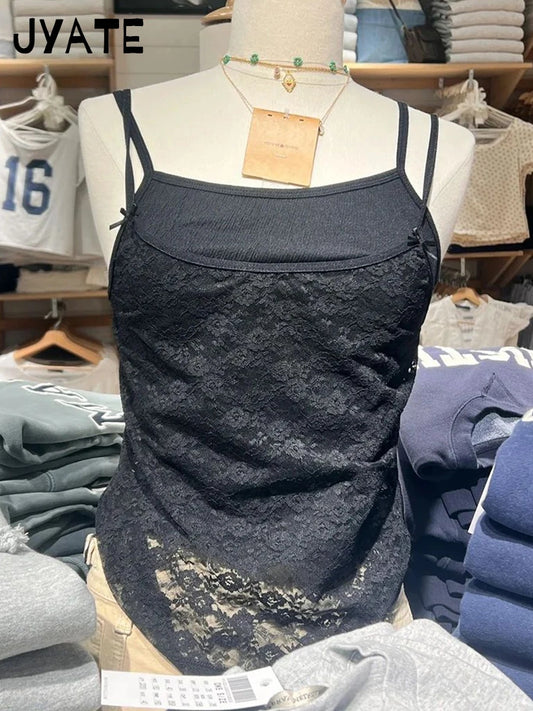 Harajuku Black Lace Sheer Slim Camisole Women Summer Streetwear Sexy Smock All-match Cropped Vests Vintage Sweet Chic Tank Tops