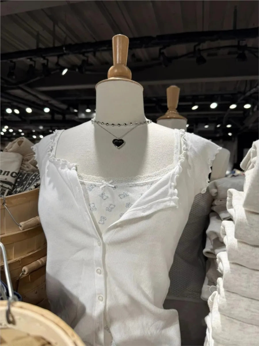 Sweet White Fungus Trim Slim T-shirt Woman Casual Simple O-neck Single Breasted Short Sleeve Cotton Tee Simple Basic Y2K Tops