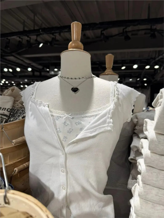 Sweet White Fungus Trim Slim T-shirt Woman Casual Simple O-neck Single Breasted Short Sleeve Cotton Tee Simple Basic Y2K Tops
