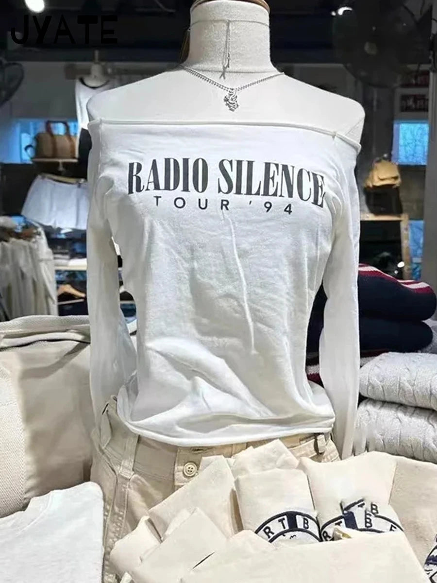 Cross Print Slash Neck Sexy T-shirts Women New Cotton Fashion Simple White Long Sleeve Tees Vintage Chic Sweet Tops Clothes Y2K