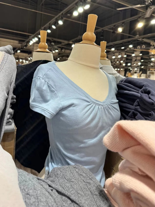 Blue Folds V-neck Slim Tshirts Women Summer Casual Streetwear Chic Cotton Short Sleeve Tees Sweet Cute Simple All-match Tshirt