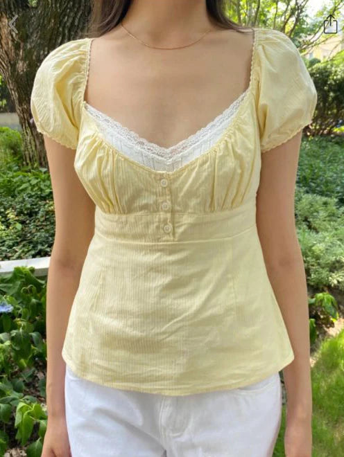 Butter Yellow Striped V-neck Buttons T-shirts Women Casual Cotton Lace Trim Sexy Crop Tops Sweet Cute Preppy Style Blouse Tees