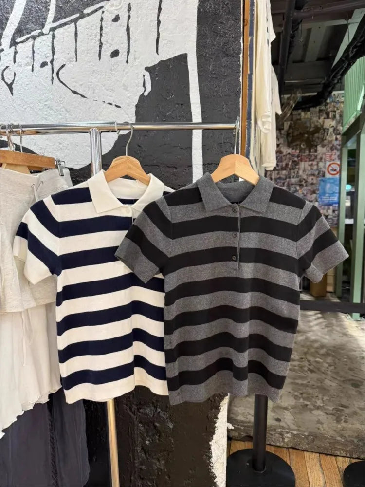 Vintage Striped Knitted Slim T-shirt Women Buttons Turn-down Collar Short Sleeve Tees Preppy Style Cotton Sweet Y2K Tshirts Tops