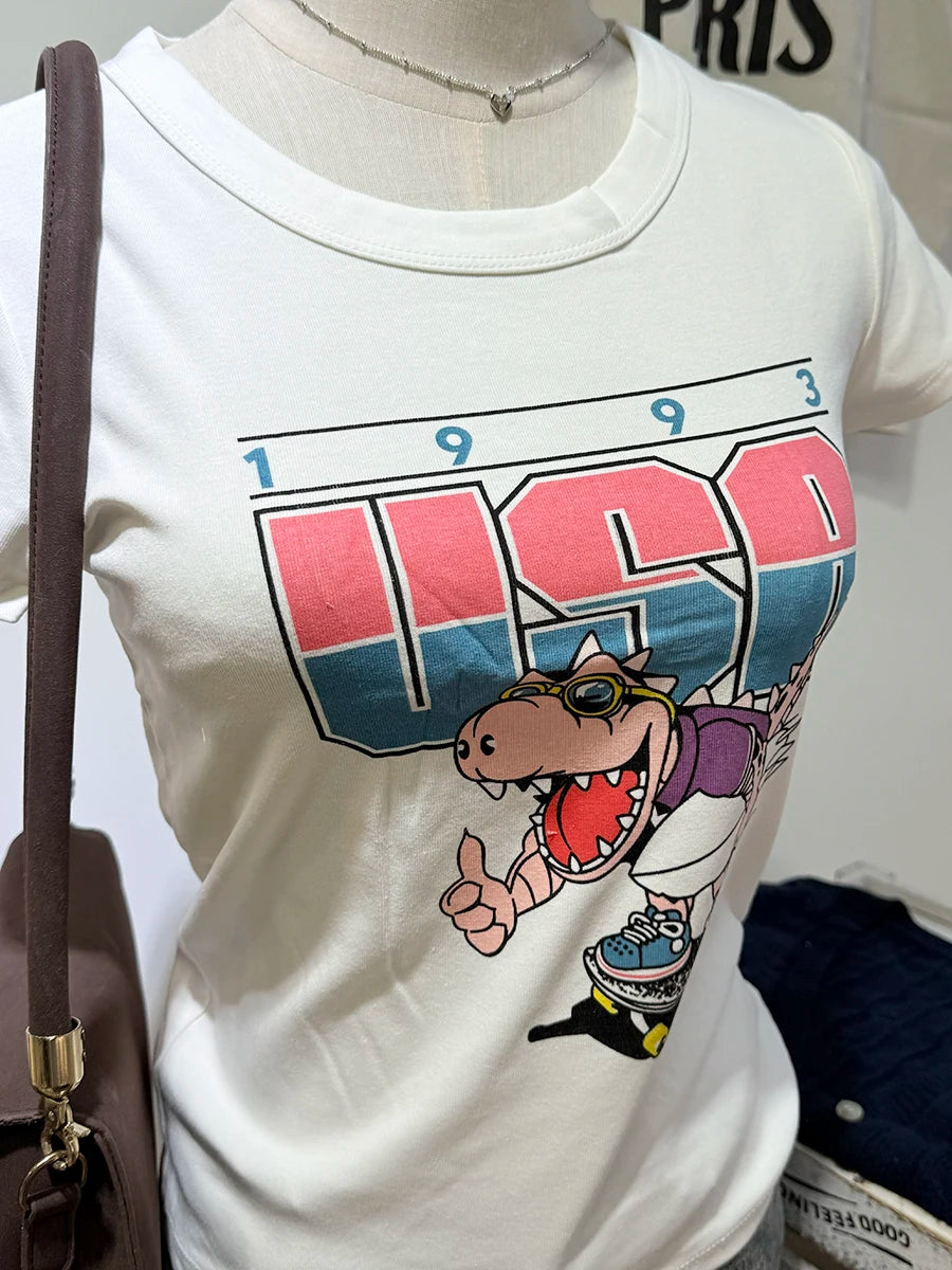 Dinosaur Print Slim T-shirts Women New Cotton Soft Chic O-neck Casual Short Sleeve Tees Harajuku Vintage Cartoon T-shirt Y2K New