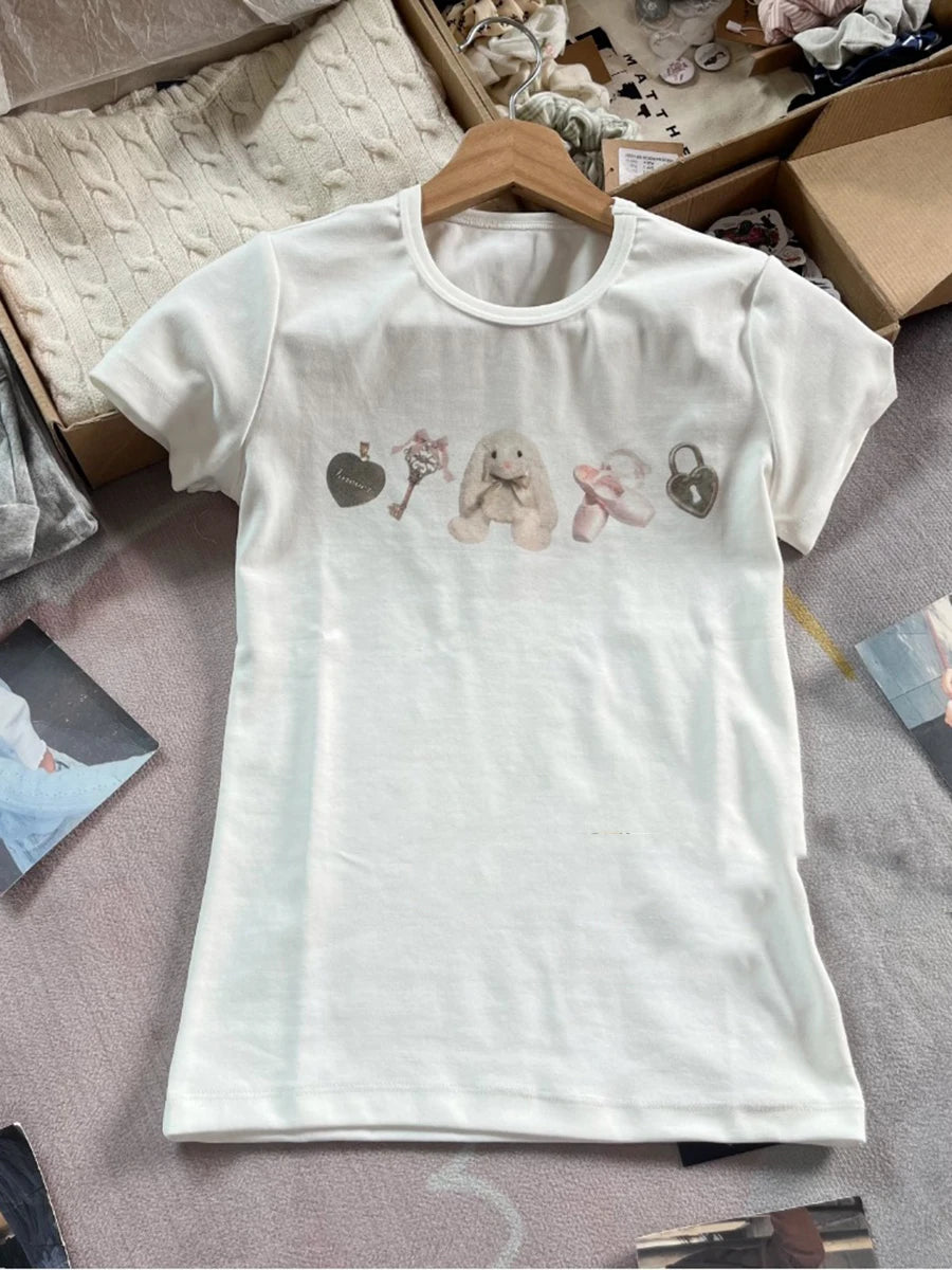 Rabbit Print Ballet Girl T-shirt Woman Summer New Casual Round Neck Cotton Short Sleeve Tees Y2K Sweet Cute Slim Tops for Women