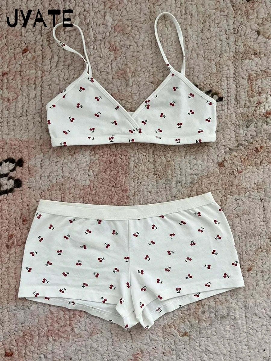 Cute Blue Striped Bra Shorts Set Women V-neck Slim Bras with Straight Sweatshorts Sweet Cute Cotton Home Pajama 2 Piece Sets Y2K
